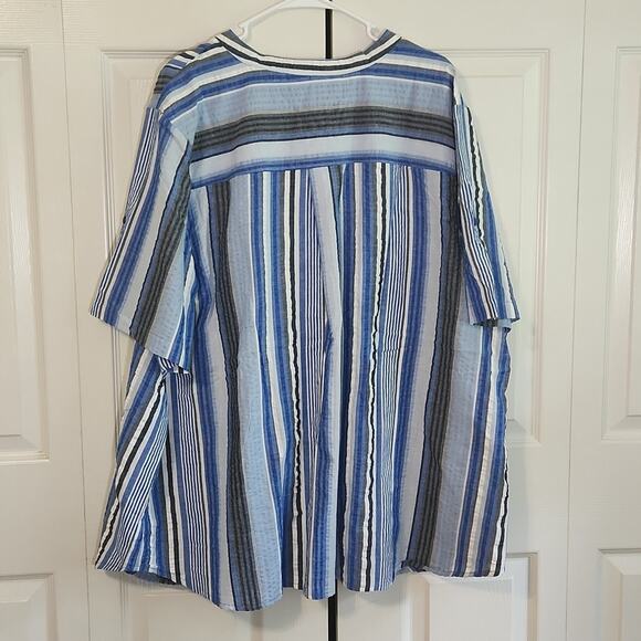 Roaman's Womens Multi-colored Striped V-neck Button Top Size 30W NWOT Seersucker - Picture 2 of 12